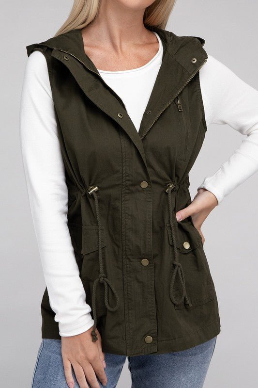 Drawstring Waist Military Hoodie Vest - Bold Rose Boutique