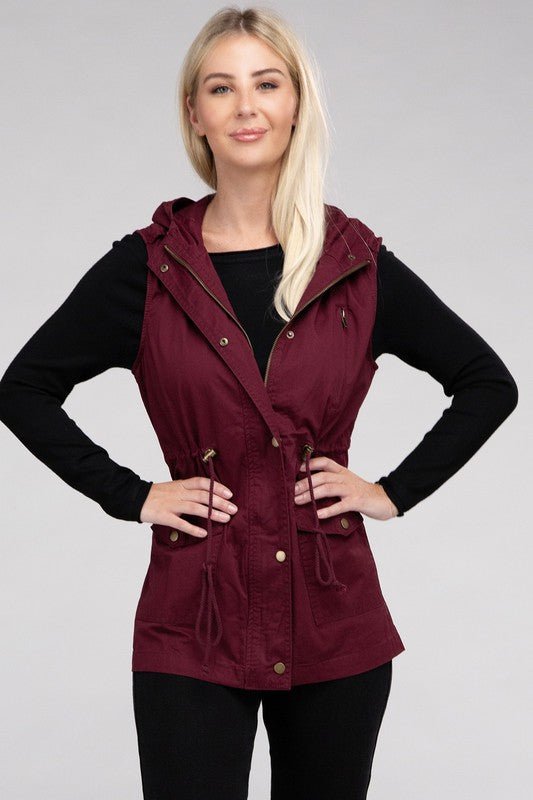 Drawstring Waist Military Hoodie Vest - Bold Rose Boutique