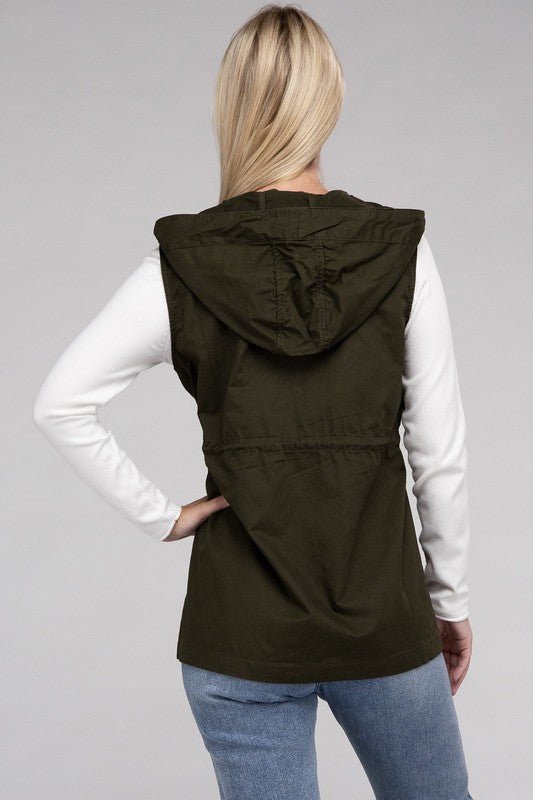 Drawstring Waist Military Hoodie Vest - Bold Rose Boutique