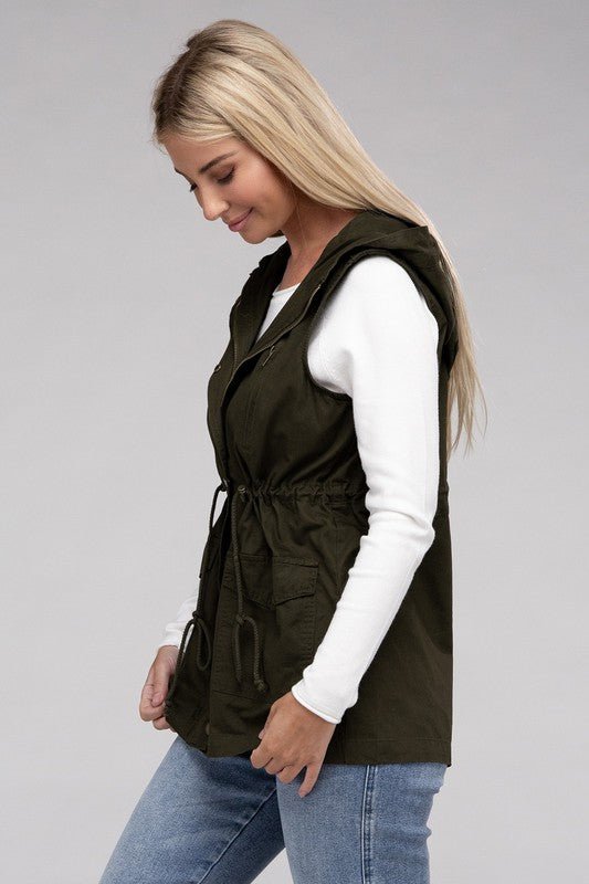 Drawstring Waist Military Hoodie Vest - Bold Rose Boutique