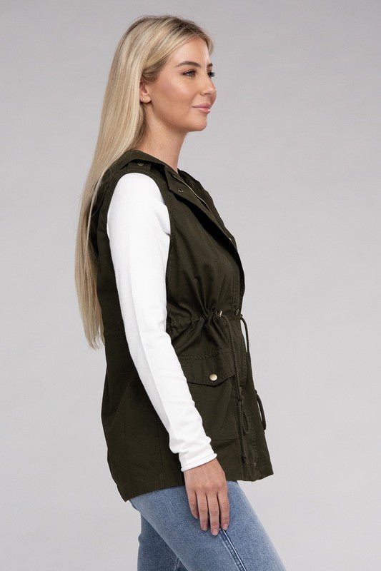 Drawstring Waist Military Hoodie Vest - Bold Rose Boutique