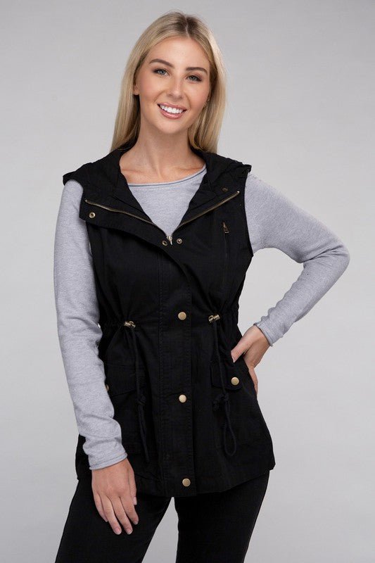 Drawstring Waist Military Hoodie Vest - Bold Rose Boutique