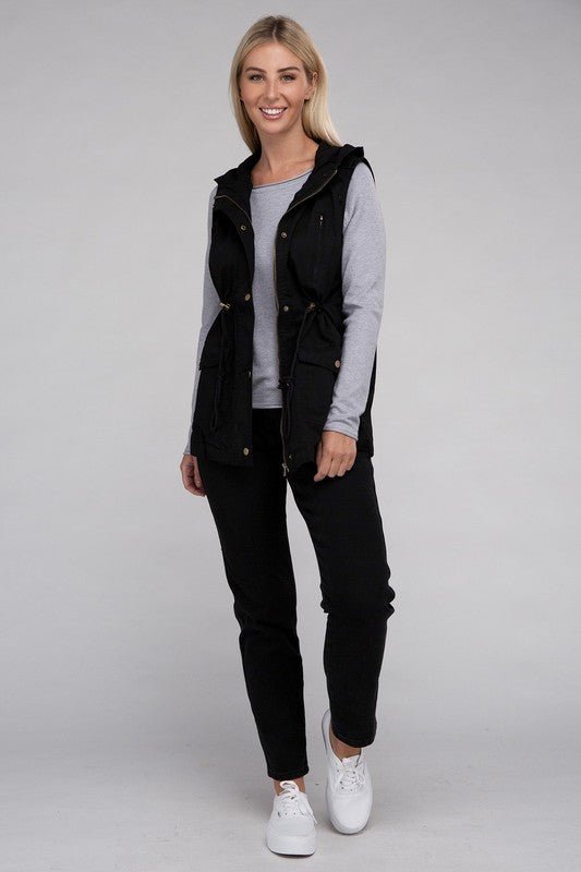 Drawstring Waist Military Hoodie Vest - Bold Rose Boutique