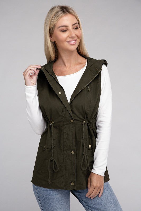 Drawstring Waist Military Hoodie Vest - Bold Rose Boutique