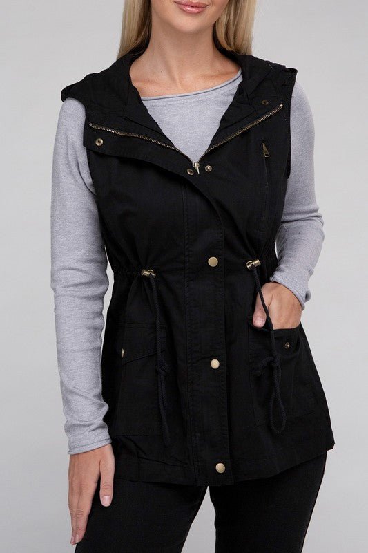 Drawstring Waist Military Hoodie Vest - Bold Rose Boutique