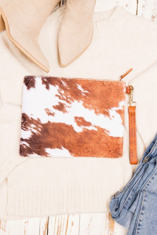 Faux Fur Cow Animal Print Clutch - Bold Rose Boutique