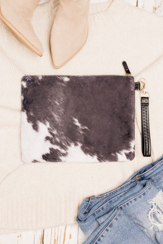 Faux Fur Cow Animal Print Clutch - Bold Rose Boutique