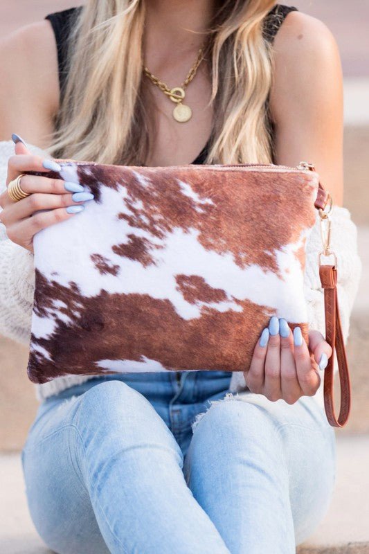 Faux Fur Cow Animal Print Clutch - Bold Rose Boutique