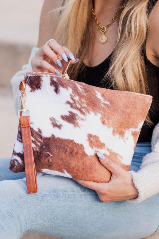 Faux Fur Cow Animal Print Clutch - Bold Rose Boutique