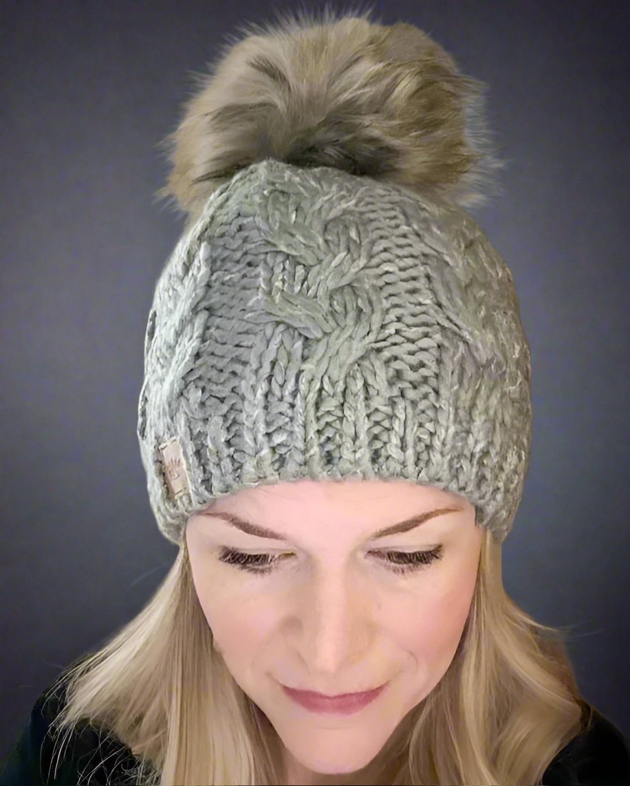 Gray Cable Knit Pom Beanie - Bold Rose Boutique