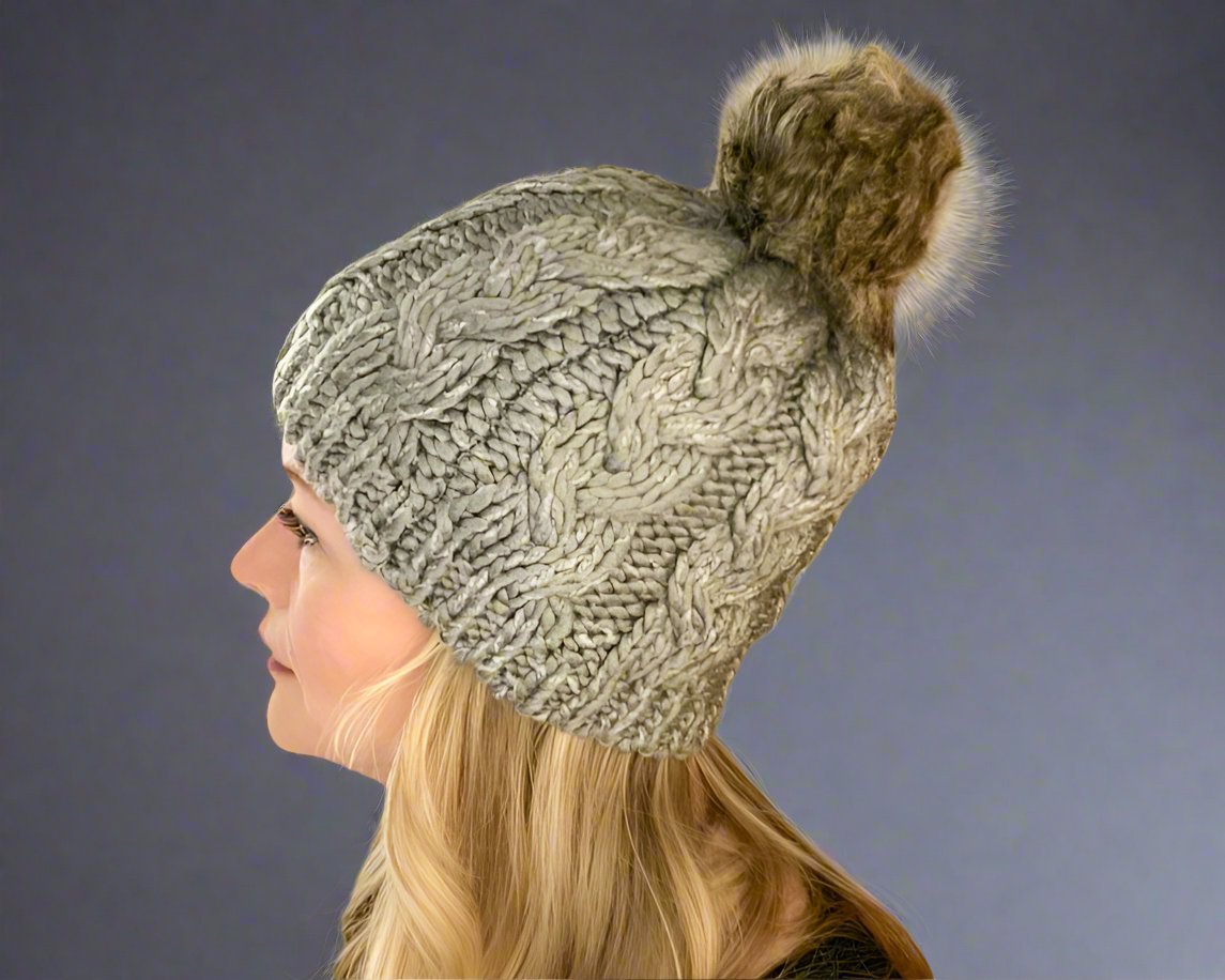 Gray Cable Knit Pom Beanie - Bold Rose Boutique