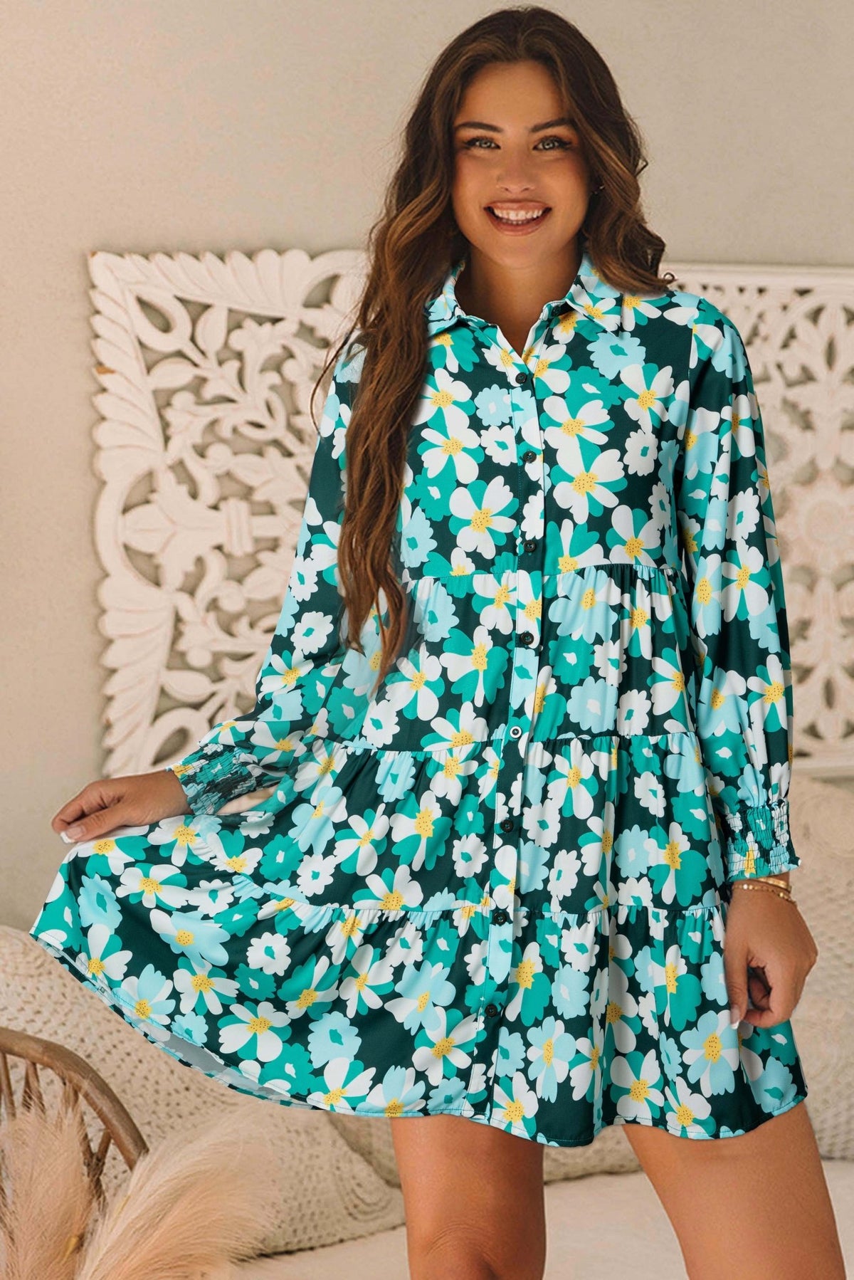 Green Floral Tiered Long Puff Sleeve Shirt Dress - Bold Rose Boutique