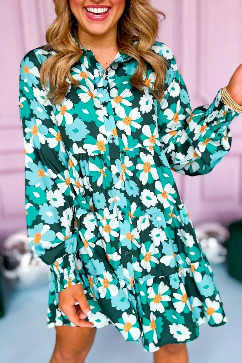 Green Floral Tiered Long Puff Sleeve Shirt Dress - Bold Rose Boutique