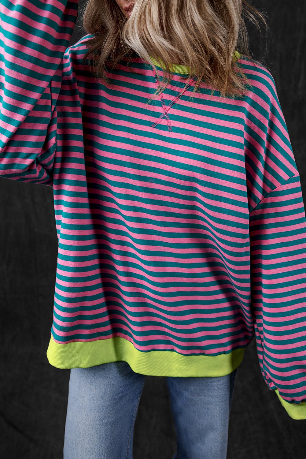 Green Stripe Oversized Contrast Trim Pullover Sweatshirt - Bold Rose Boutique