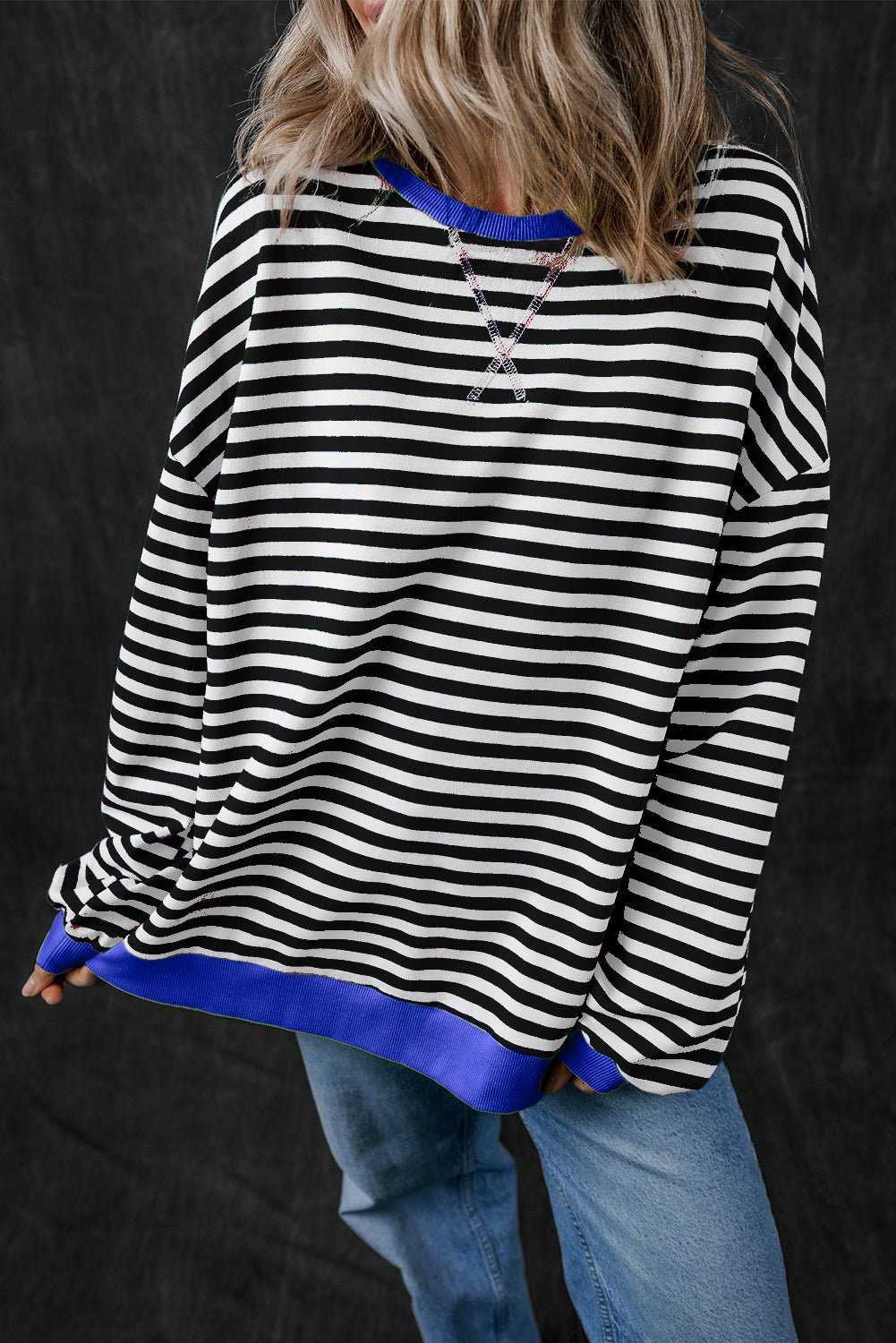 Green Stripe Oversized Contrast Trim Pullover Sweatshirt - Bold Rose Boutique