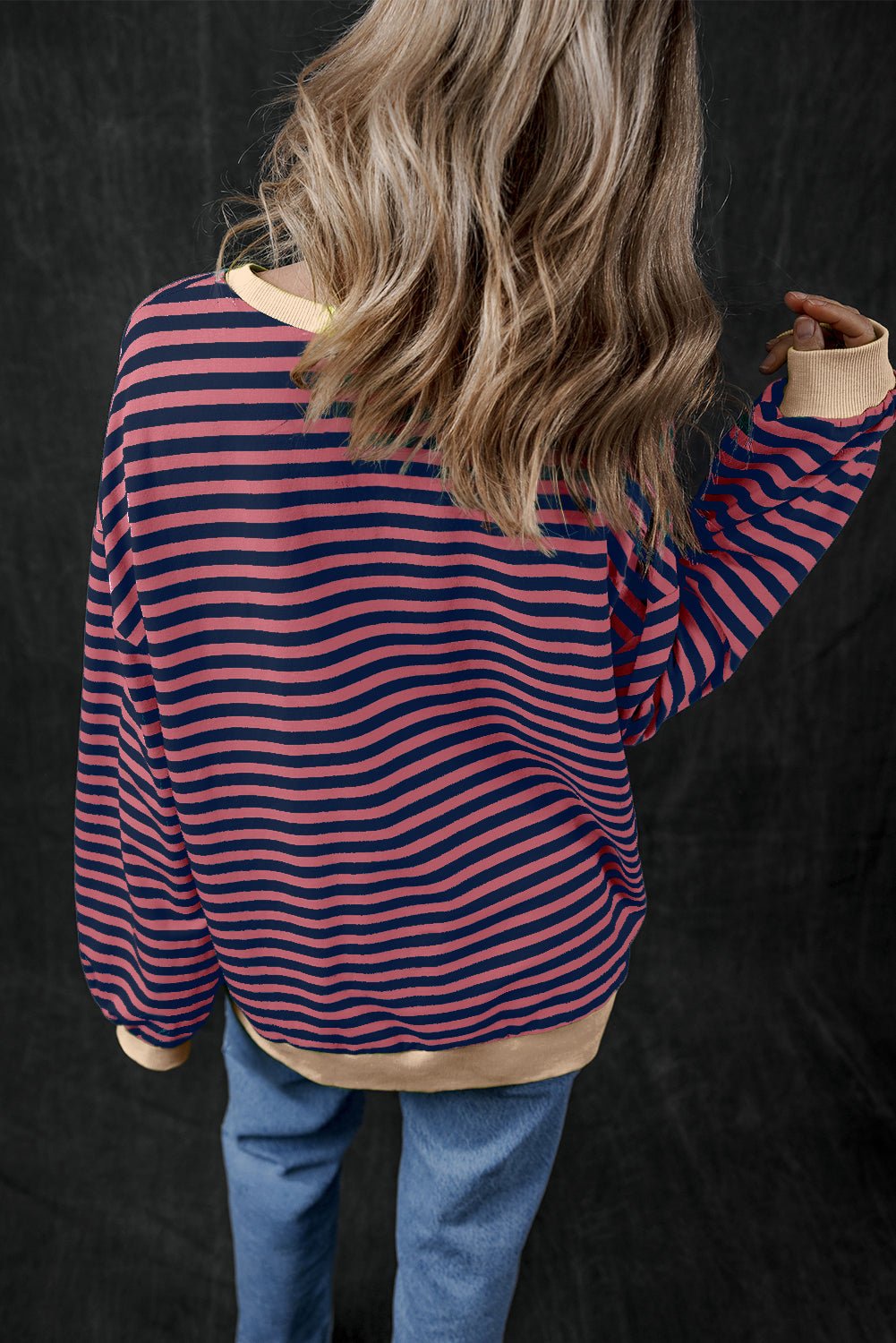 Green Stripe Oversized Contrast Trim Pullover Sweatshirt - Bold Rose Boutique