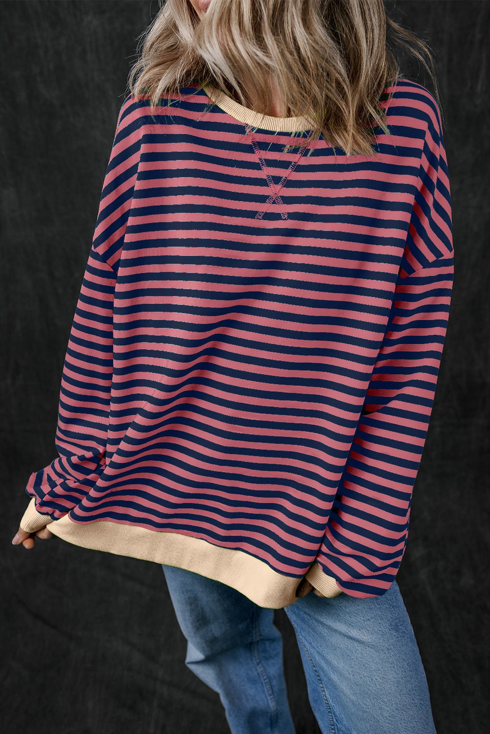 Green Stripe Oversized Contrast Trim Pullover Sweatshirt - Bold Rose Boutique