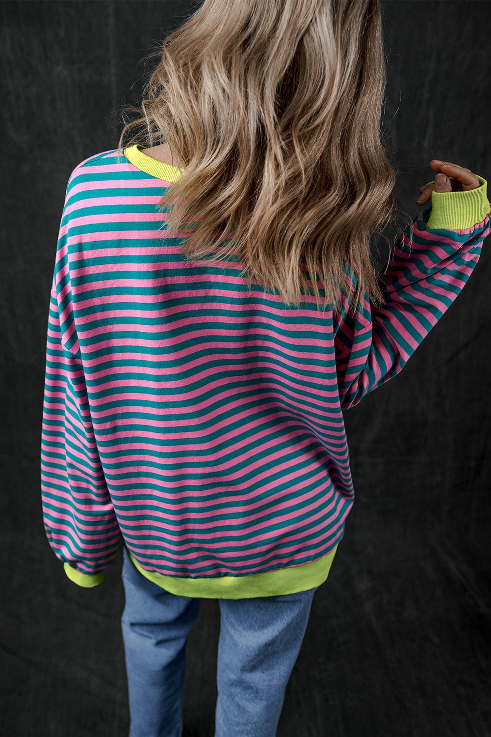 Green Stripe Oversized Contrast Trim Pullover Sweatshirt - Bold Rose Boutique