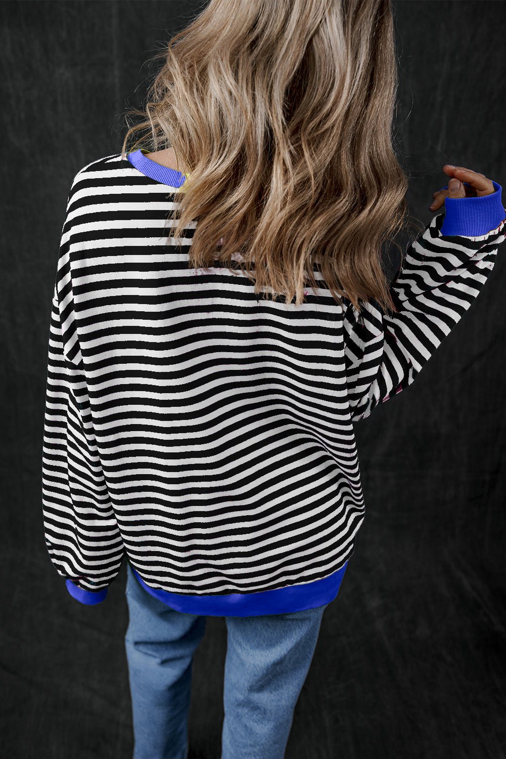 Green Stripe Oversized Contrast Trim Pullover Sweatshirt - Bold Rose Boutique