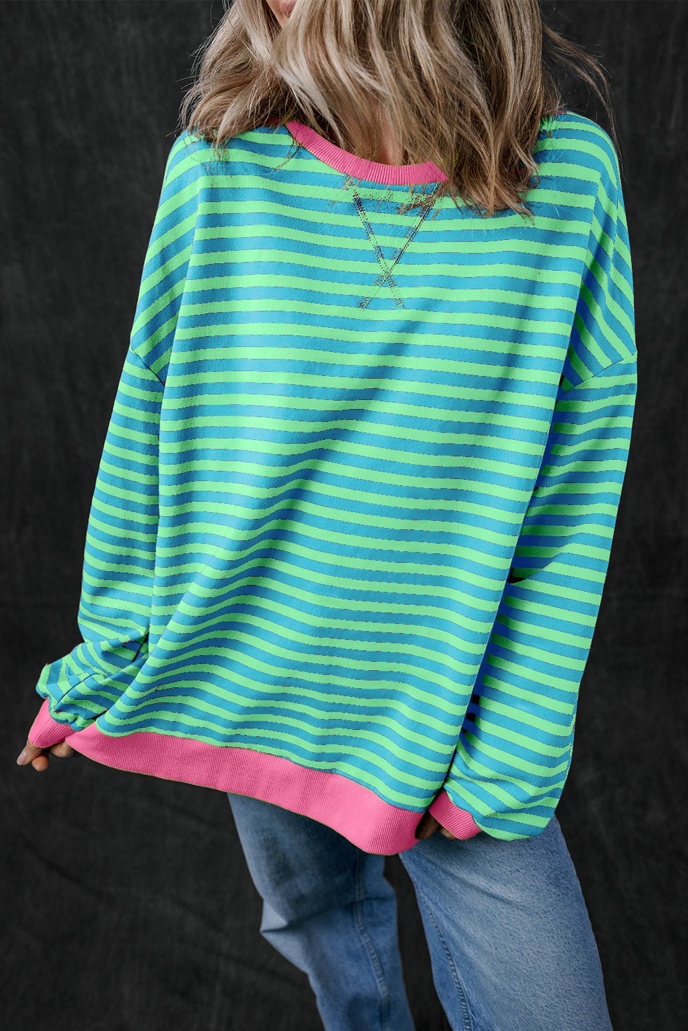 Green Stripe Oversized Contrast Trim Pullover Sweatshirt - Bold Rose Boutique