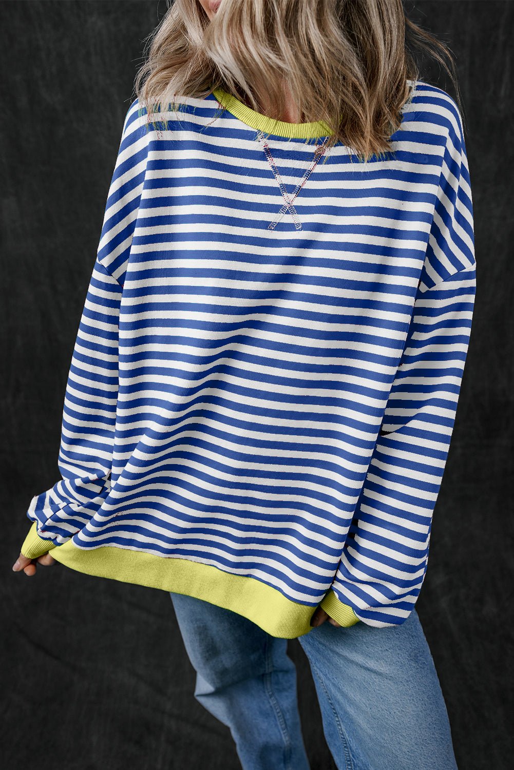 Green Stripe Oversized Contrast Trim Pullover Sweatshirt - Bold Rose Boutique