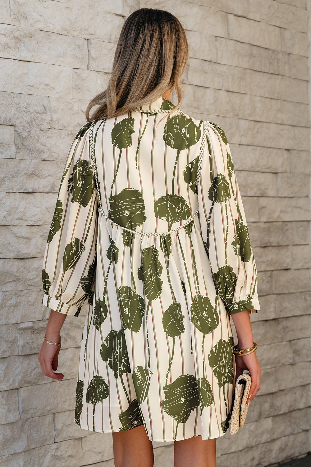 Guacamole Green Floral Striped Print Contrast Piping Puff Sleeve Dress - Bold Rose Boutique