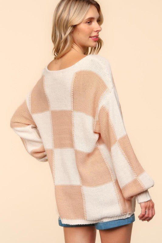 Haptics Full Size Checkered Round Neck Drop Shoulder Sweater - Bold Rose Boutique