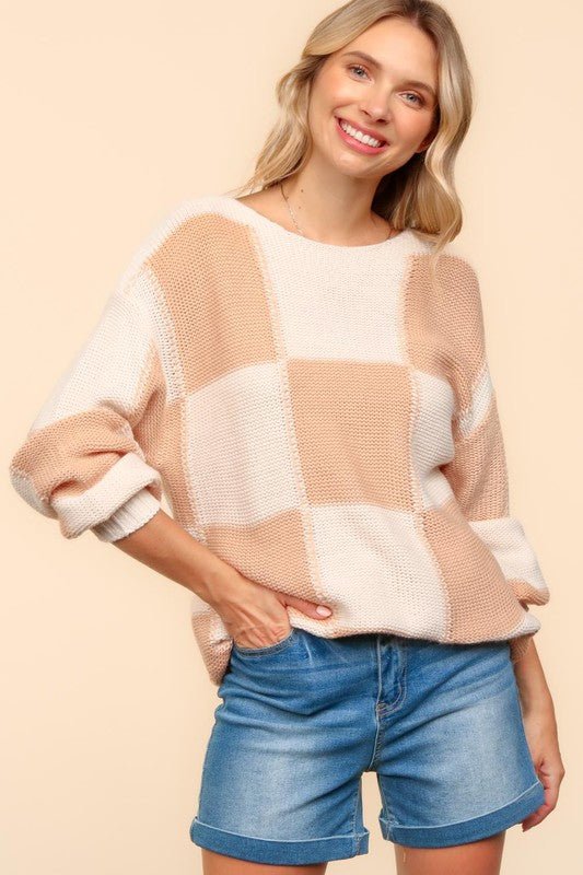 Haptics Full Size Checkered Round Neck Drop Shoulder Sweater - Bold Rose Boutique