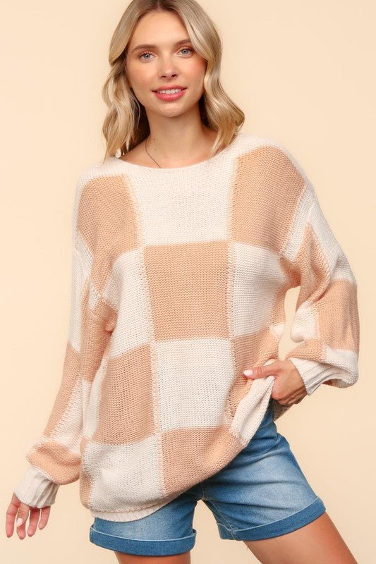 Haptics Full Size Checkered Round Neck Drop Shoulder Sweater - Bold Rose Boutique