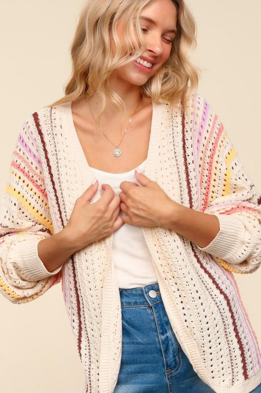 Haptics Full Size Striped Crochet Open Front Cardigan - Bold Rose Boutique