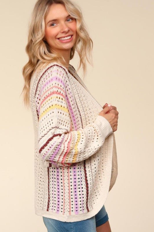 Haptics Full Size Striped Crochet Open Front Cardigan - Bold Rose Boutique