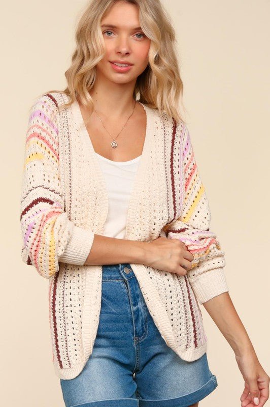 Haptics Full Size Striped Crochet Open Front Cardigan - Bold Rose Boutique