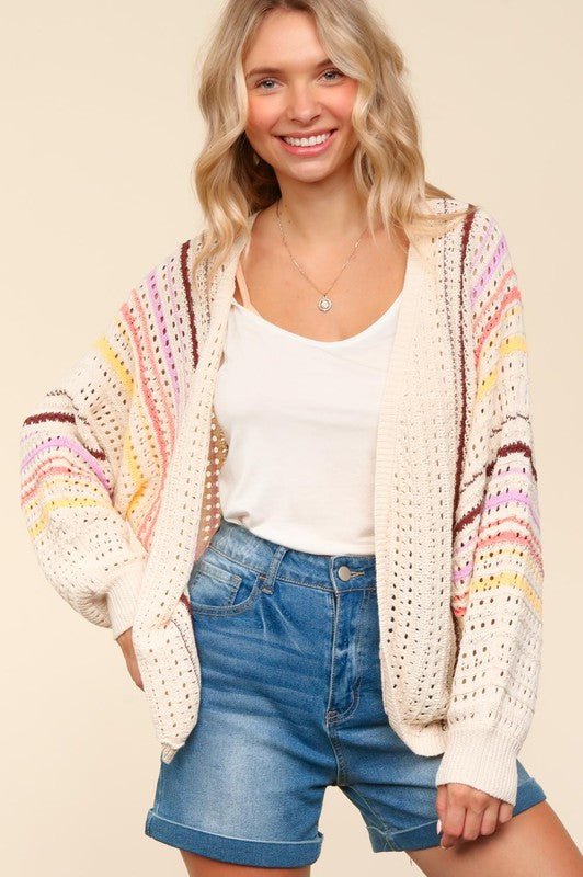 Haptics Full Size Striped Crochet Open Front Cardigan - Bold Rose Boutique