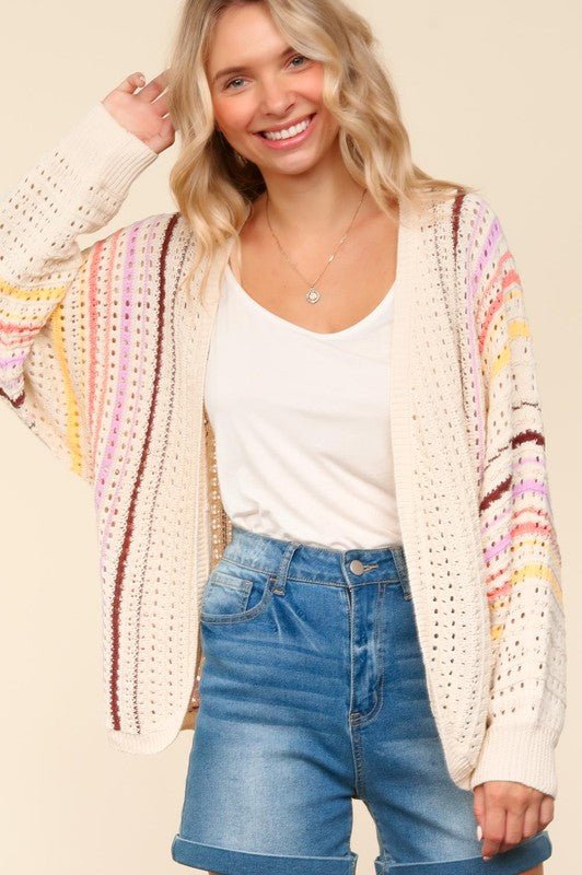 Haptics Full Size Striped Crochet Open Front Cardigan - Bold Rose Boutique