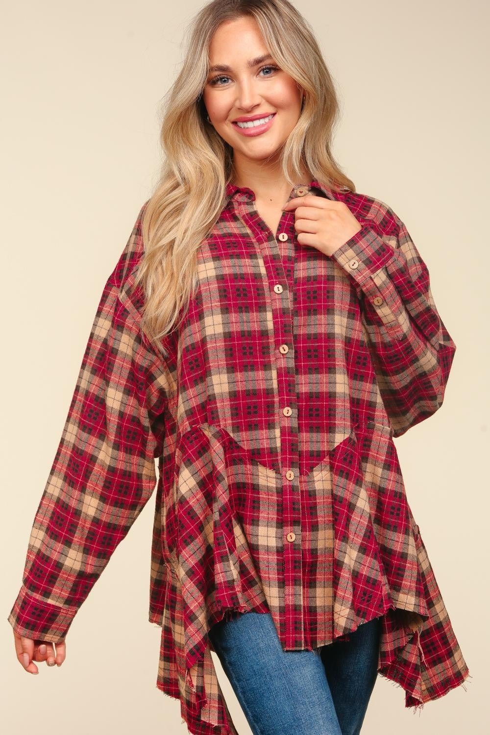 Haptics Plaid Button Down Sharkbite Shirt - Bold Rose Boutique