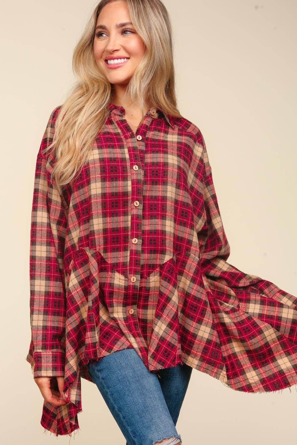 Haptics Plaid Button Down Sharkbite Shirt - Bold Rose Boutique