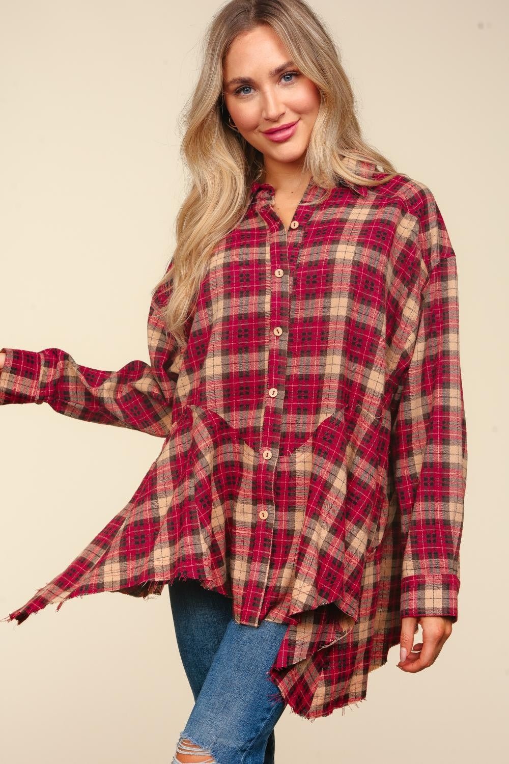 Haptics Plaid Button Down Sharkbite Shirt - Bold Rose Boutique