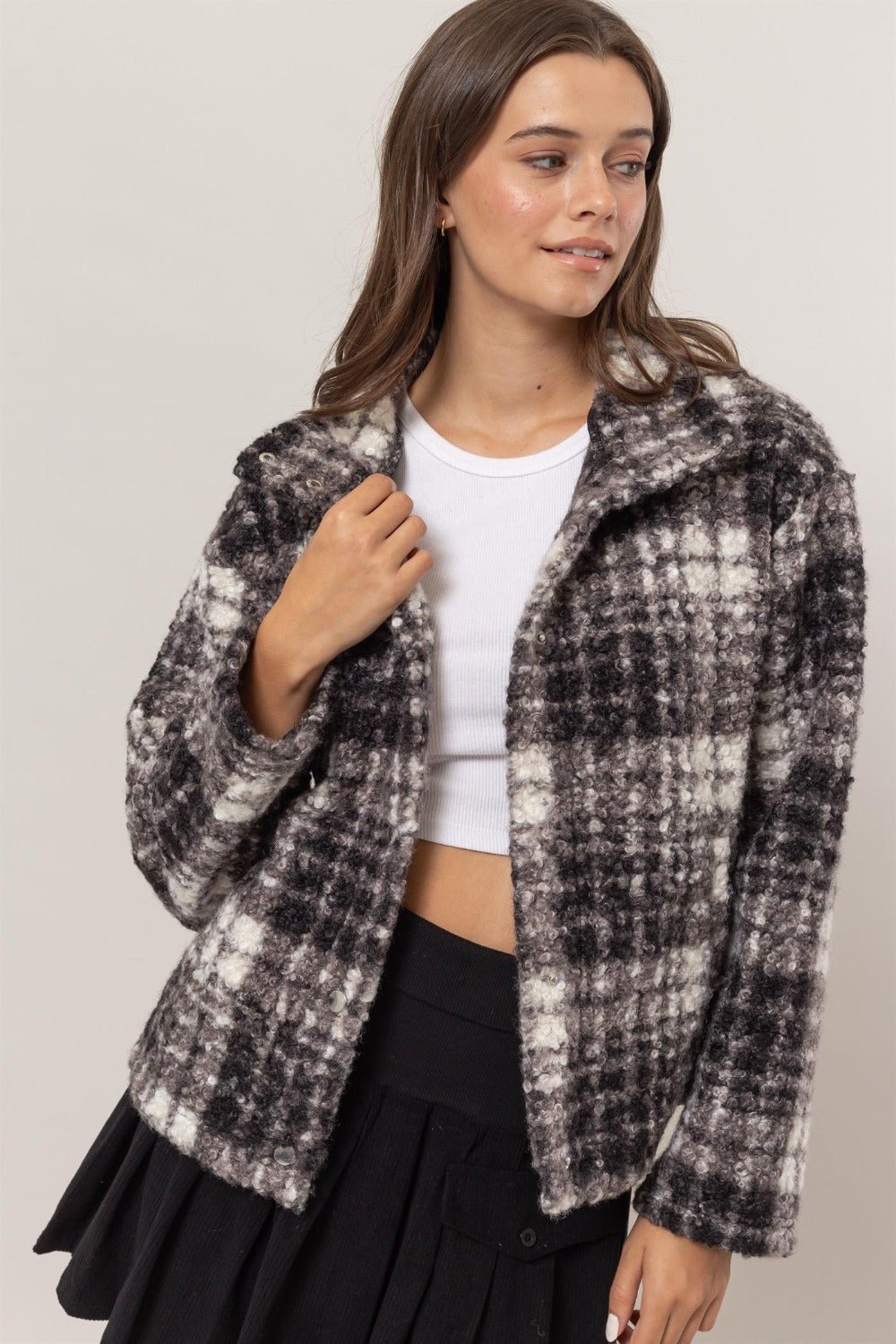 HYFVE Plaid Collared Neck Boucle Jacket with Pockets - Bold Rose Boutique