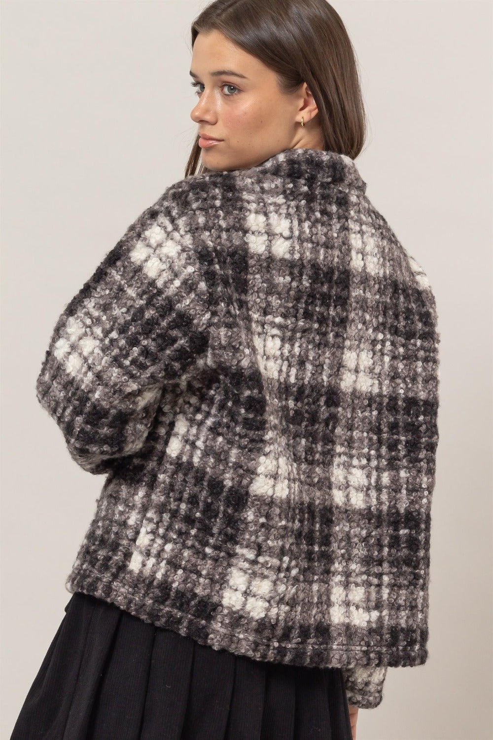 HYFVE Plaid Collared Neck Boucle Jacket with Pockets - Bold Rose Boutique