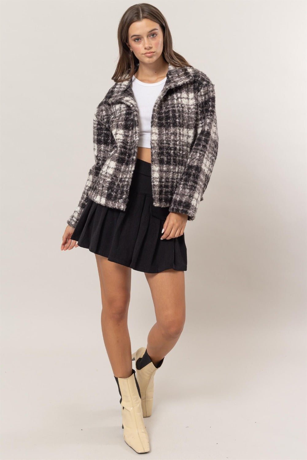 HYFVE Plaid Collared Neck Boucle Jacket with Pockets - Bold Rose Boutique