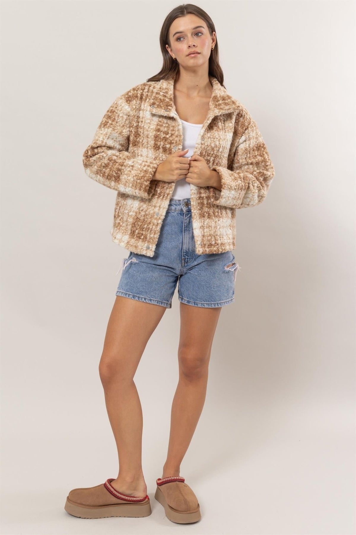 HYFVE Plaid Collared Neck Boucle Jacket with Pockets - Bold Rose Boutique