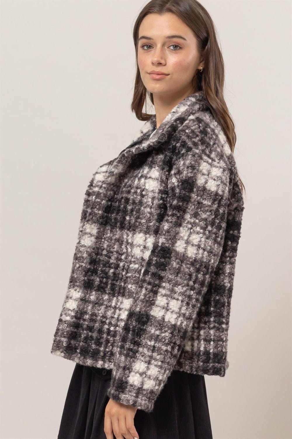 HYFVE Plaid Collared Neck Boucle Jacket with Pockets - Bold Rose Boutique