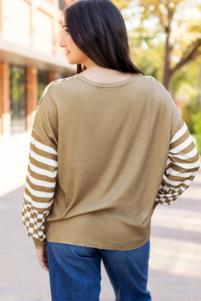 Khaki Checkerboard Striped Patchwork Lantern Sleeve Pocketed Blouse - Bold Rose Boutique