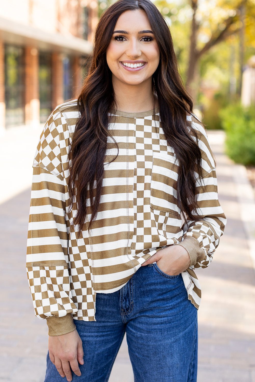 Khaki Checkerboard Striped Patchwork Lantern Sleeve Pocketed Blouse - Bold Rose Boutique