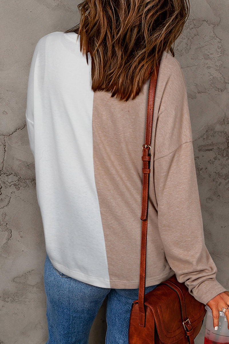 Khaki Colorblock Long Sleeve Crew Neck Top - Bold Rose Boutique