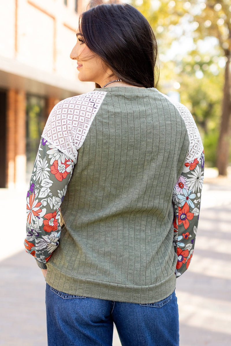 Laurel Green Floral Patchwork Long Sleeve Ribbed Blouse - Bold Rose Boutique