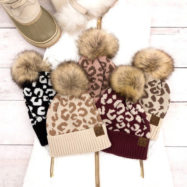 Leopard Fur Pom Beanie - Bold Rose Boutique