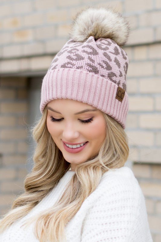 Leopard Fur Pom Beanie - Bold Rose Boutique