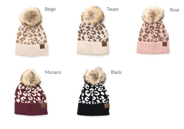 Leopard Fur Pom Beanie - Bold Rose Boutique