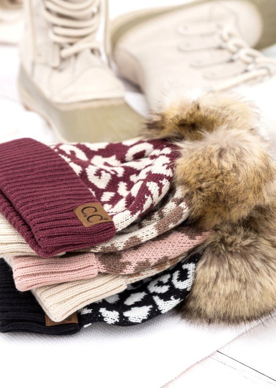 Leopard Fur Pom Beanie - Bold Rose Boutique